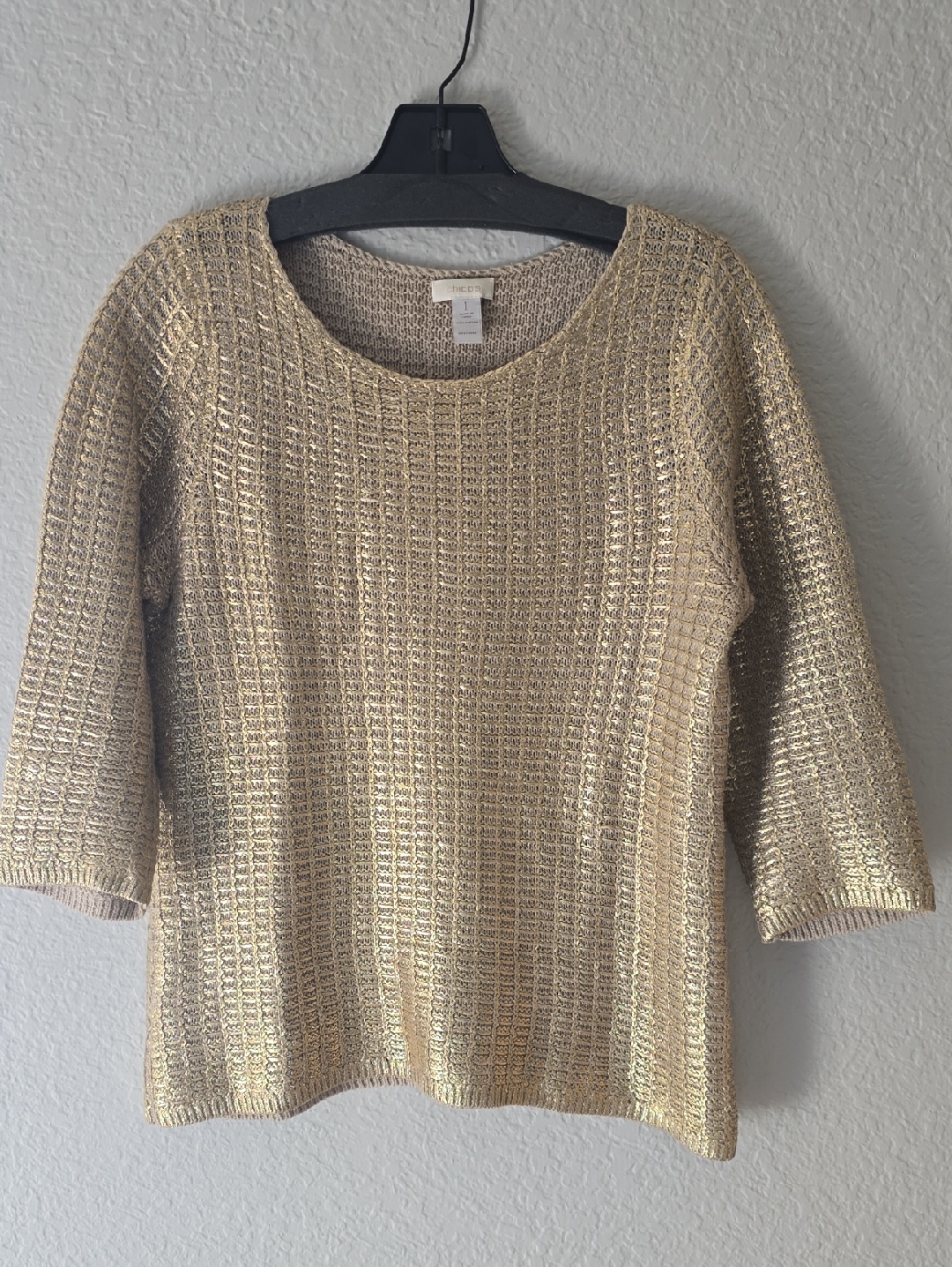Chico's Metallic Waffle-Knit Scoop Neck Sweater In Gold, Sz 1